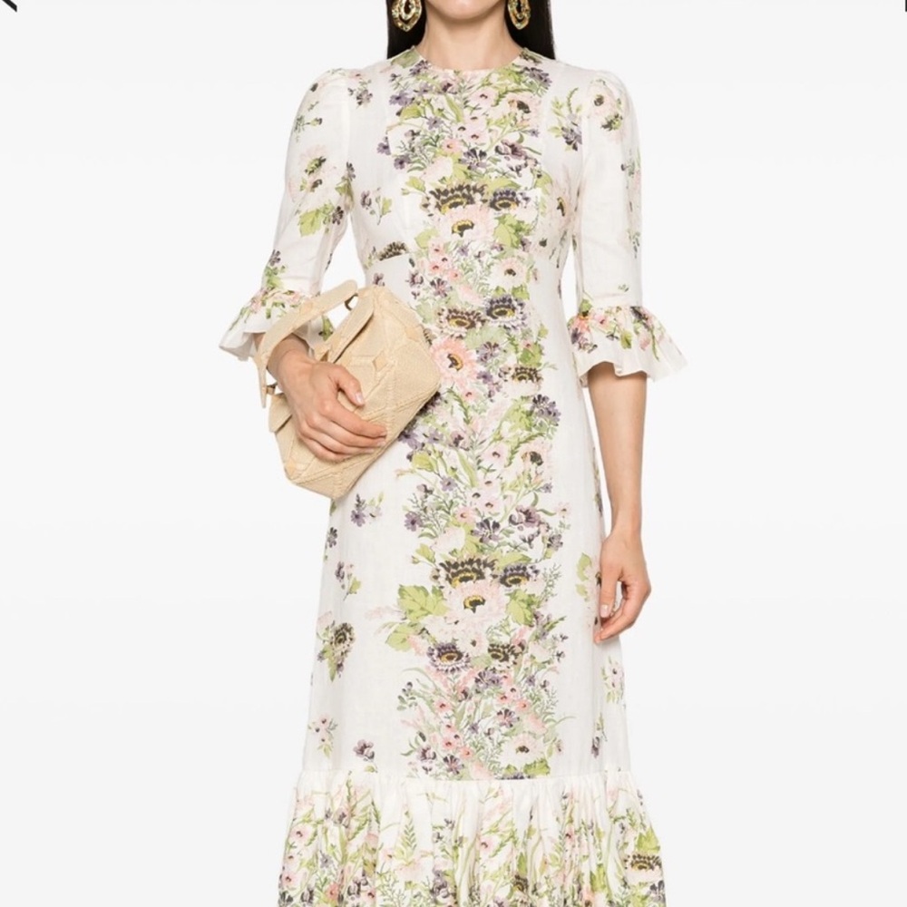 Zimmermann Women's Halliday Floral Frill Sleeve Linen Dress